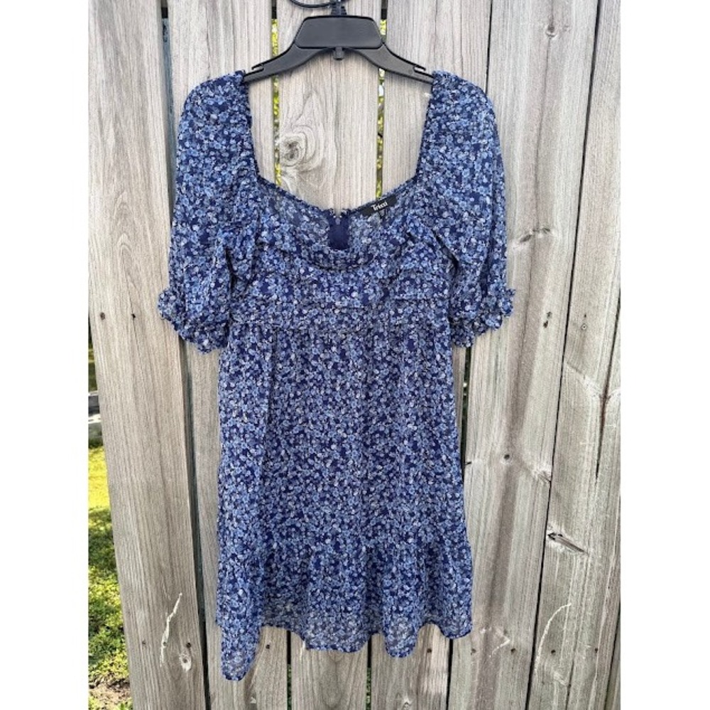 Cottagecore Fairycore Trixxi Mini Dress Medium Blue Floral Puff Sleeve Ruffle